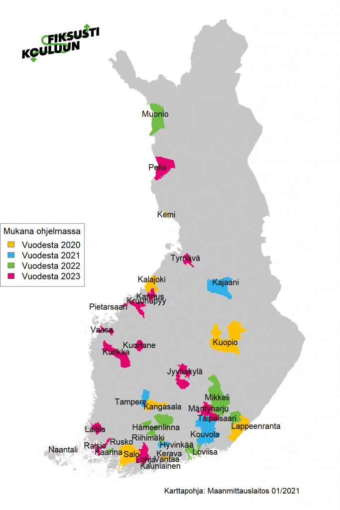 Suomen kartta ja ohjelmassa mukana olevat kunnat