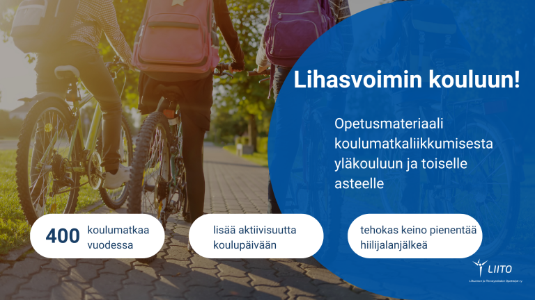 Lihasvoimin kouluun -opetusmateriaalin mainos.